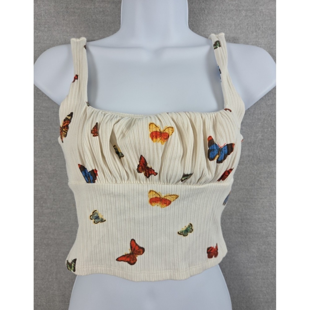 Forever 21 Babydoll Tank Top M Crop Ruched Ribbed Peasant Butterflies Fairy Boho